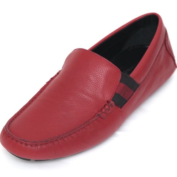 GUCCI Men\'s Red Leather Loafer Moccasin Web 7.5 main image 6